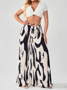 SHEIN SXY 女士幾何印花闊腳鬆緊帶寬鬆休閒褲 - 黑與白 - 查看 5