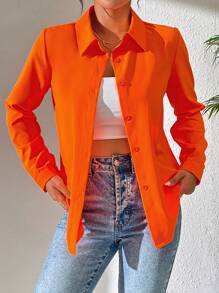 SHEIN Clasi Solid Long Sleeves Button Front Orange Shirt For Spring Summer - Orange - View 3