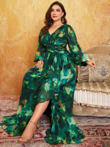 SUPGIR Abito in chiffon stampato digitalmente con manica a lanterna lunga, scollo a V, stampa floreale acquerellata, pieghe in vita, elegante e grazioso, taglie forti