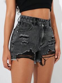 SHEIN EZwear Quần short denim mặc hàng ngày đơn giản và đơn giản cho nữ - màu đen - Xem 4