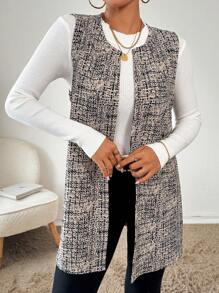 SHEIN Essnce Women's Allover Print Open Front Sleeveless Long Casual Regular Jacket  Back To School Clothes  Fall Clothes  Fall Outfits  Halloween Costume  Grey Jacket  Plaid  Teacher Clothes  Jacket  Coat  Graphic Jacket  Halloween Women Costumes  Business Women Clothes  Business Casual Jacket - Multicolor - View 5