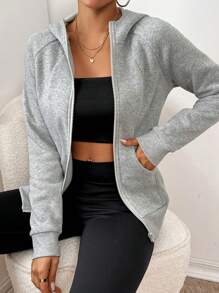 SHEIN Essnce Women's Casual Fashion Grey Slim Fit Regular Hooded Long Sleeve Coat Zip Up Women Hoodie Essentials Hoodie Women Tracksuit Workout Jacket Fall Women Clothes - Grey - View 4