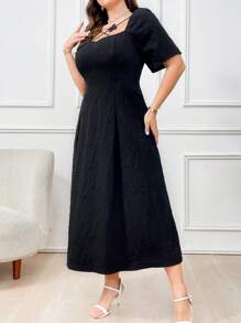 Mulvari Plus Size Women's Elegant Long Black Sweetheart Neckline Puff Sleeve Dress,Summer,Formal,Evening,Wedding Guest,Perfect For Beach/Casual/Vacation - Black - View 5