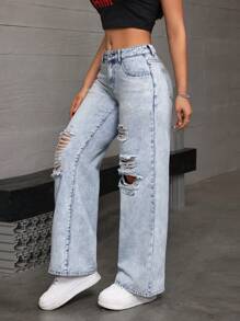 SHEIN EZwear Women's Casual Loose-Fit Wide-Leg Denim Pants With Distressed Pockets - Light Wash - View 5