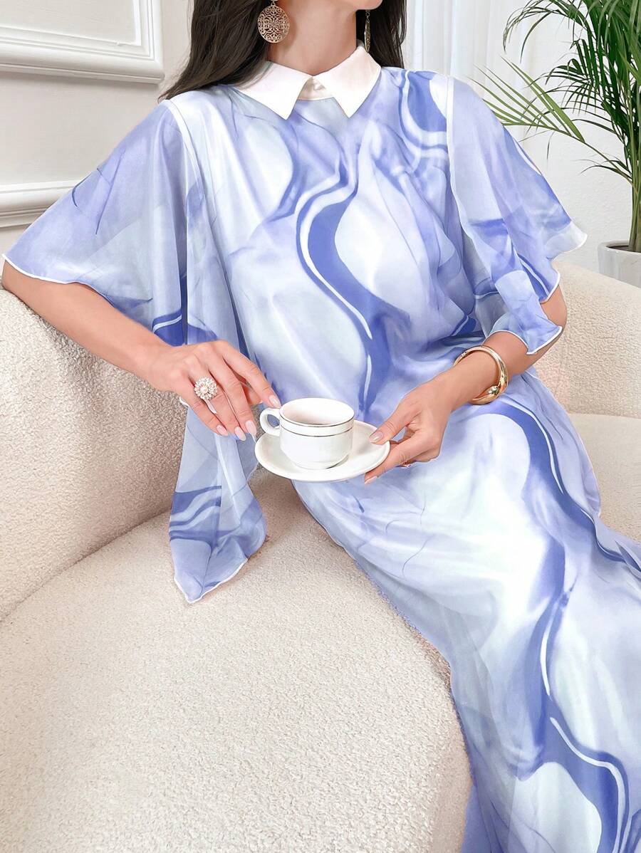 Al Najma 女式随机印花阿拉伯连衣裙 - 藍色 - 查看 1