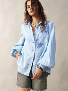 Bohemela Blue Embroidered Vacation Teacher Shirt For Women - Baby Blue - View 8
