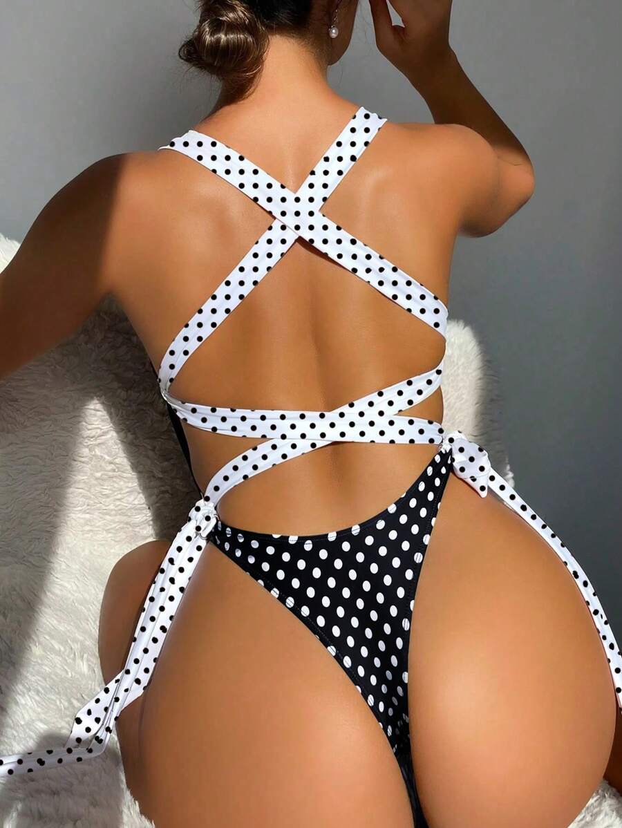 Polka Dot Print Backless One-Piece Swimsuit With Criss-Cross Straps Summer - Multicolor - View 1