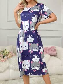 Women's Short Sleeve Sleep Dress Pajama Dress With Cat Pattern - Multicolor - View 5