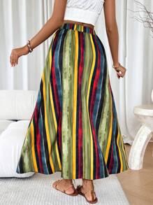 SHEIN Clasi Falda larga casual de cintura alta con rayas de colores para mujer - Multicolor - Ver 2