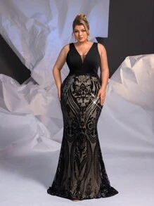 Glamrae Plus Size Black Satin Patchwork Luxury Sequins Sexy See Through Design Elegant Fishtail Heavy Duty Evening Formal Dresses Prom Wedding Guest Gown, For Graduation, Dinner Party Dress