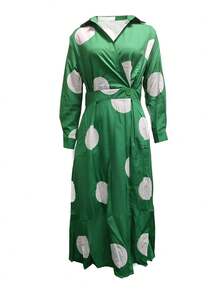 Polka Dot Print Slant Pocket Drop Shoulder Belted Long Dress