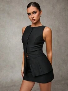 SHEIN BAE 夏季纯色纽扣前开襟背心西装外套和裙装套装商务女装性感办公室女装两件套秋冬复古风教师装 - 黑色 - 查看 6