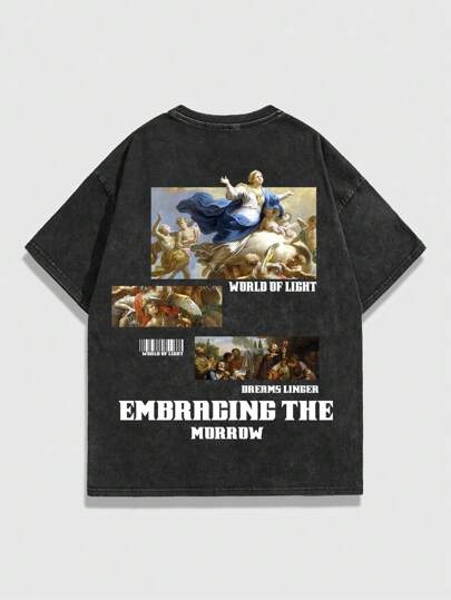 Street Life Men's Acid-Washed Five-Pointed Star Printed Short Sleeve T-Shirt, Suitable For Daily Wear In Spring And Summer