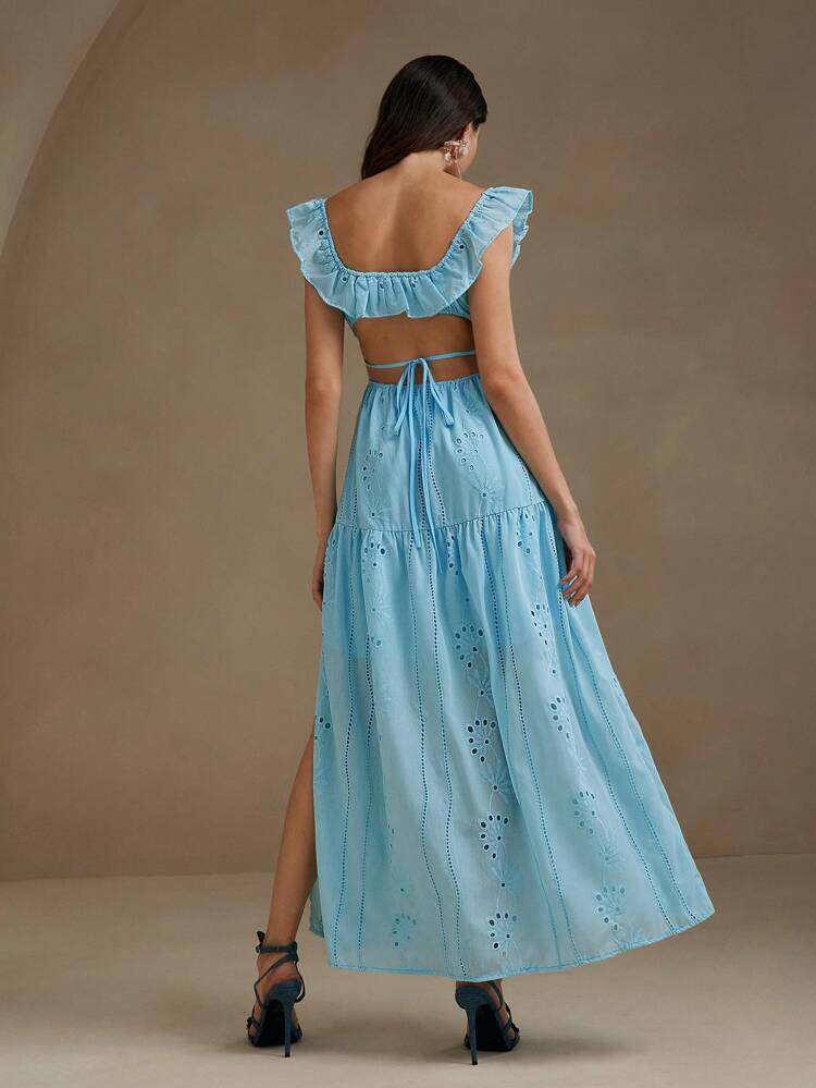 Flutter Sleeve Square Collar Backless Ruffle Hem Waist Cinched Elegant Dress