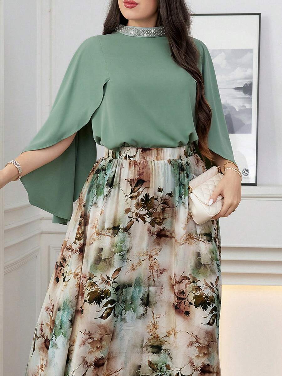 Modelyn Plus Size Solid Color Split Sleeve Casual Top And Floral Print Skirt 2pcs/Set 2 Pieces Set - Multicolor - View 1