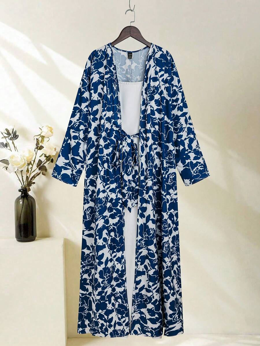 Al Najma 女士保守花色長袍外套,不對稱領口純色無袖束腰連衣裙,土耳其阿巴亞和阿拉伯傳統長袍 - 藍白色 - 查看 1