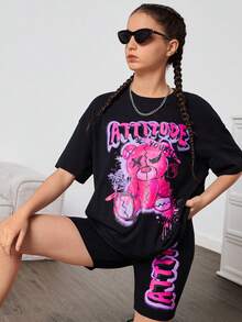 SHEIN Teen Nữ Họa Tiết Gấu Đen Graffiti Chữ Rời Áo Thun Và Quần Đi Xe Đạp Thể Thao Dạo Phố Casual 2 Bộ - màu đen - Xem 4