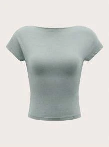 Cloudara Solid Backless Batwing Sleeve Tee - Grey - View 2