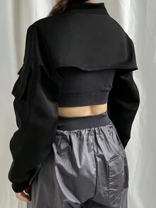 Eilly Bazar Chaqueta corta con cremallera y mangas largas de moda para moto - Negro - Ver 2