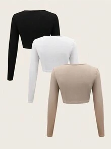 Women's Short Sleeve Solid Color Crop Top For Spring, Summer, And Autumn - Multicolor - View 2