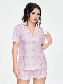 ROMWE Kawaii Conjunto de pijama para mujer con corbata de moño estilo retro y parte superior a flores con cuello y mangas cortas y pantalones cortos - Rosa - Ver 1