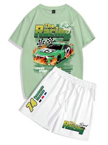 Manfinity Roughcore Manfinity EMRG Trở Lại Trường Học Nam Mùa Hè In Chữ Ô Tô Cổ Tròn Tay Ngắn Cổ Tròn Và Bộ Quần Short Thắt Lưng Dây Rút - Nhiều màu - Xem 2