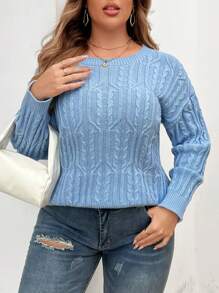 Calvaya Plus Size Women's Solid Color Simple Daily Wear Pullover Sweater Knit Pullover Fall Winter Outfit - Blue - View 1