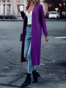 SHEIN LUNE Solid Open Front Long Sleeve Cardigan - Purple - View 1