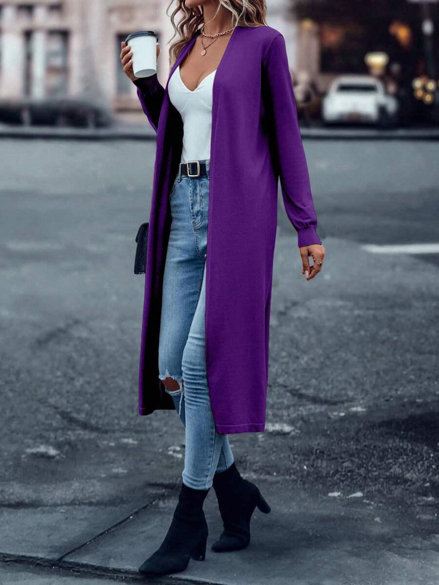 SHEIN LUNE Solid Open Front Long Sleeve Cardigan - Purple - View 1