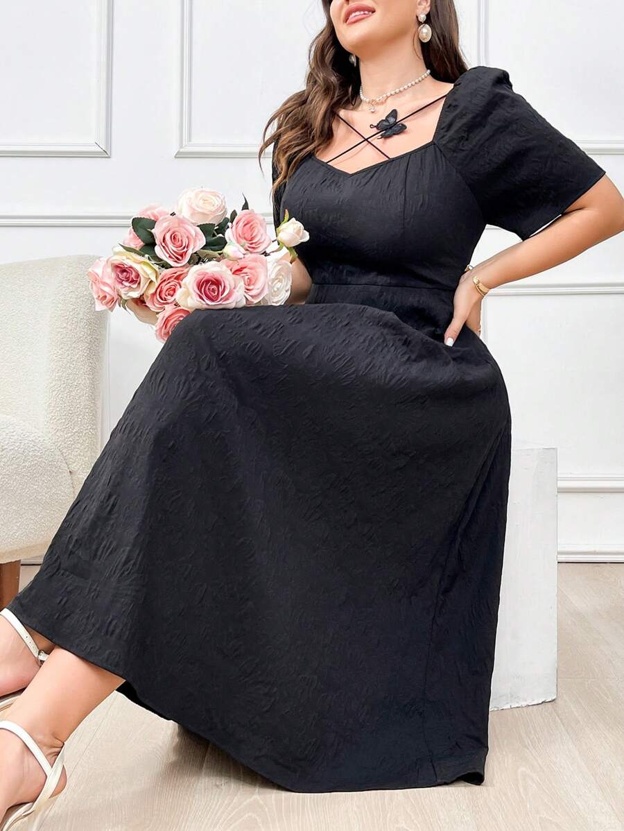 Mulvari Plus Size Women's Elegant Long Black Sweetheart Neckline Puff Sleeve Dress,Summer,Formal,Evening,Wedding Guest,Perfect For Beach/Casual/Vacation - Black - View 1