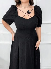 Mulvari Plus Size Women's Elegant Long Black Sweetheart Neckline Puff Sleeve Dress,Summer,Formal,Evening,Wedding Guest,Perfect For Beach/Casual/Vacation - Black - View 2