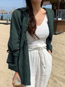 DAZY 纯色落肩纽扣前襟衬衫，长袖上衣亚麻秋季 - 墨綠色 - 查看 1