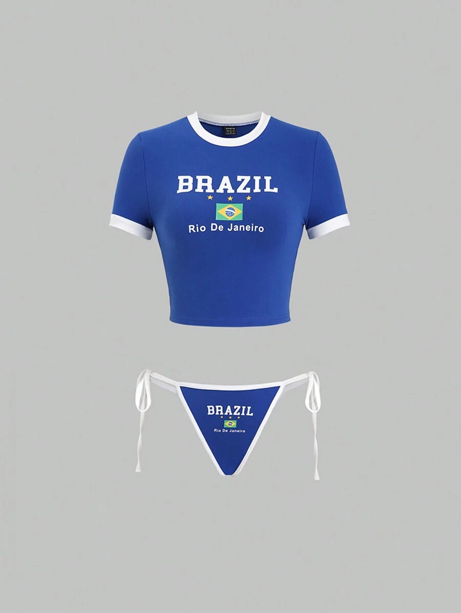 SHEIN Unity 女士夏季圓領短袖國旗和字母印花上衣和丁字褲套裝，2件 - 藍色 - 查看 1