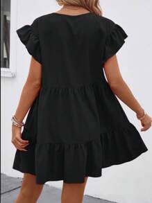 SHEIN LUNE Solid Ruffle Hem Smock Dress For Holiday - Black - View 2