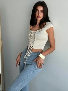 Aloruh Romantic & Elegant Square Neck Drawstring Tight-Fit Apricot Women's T-Shirt - Apricot - View 5