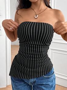 SHEIN EZwear Plus Size Sleeveless Slim Fit Black & White Striped Tube Top For Summer - Black and White - View 5