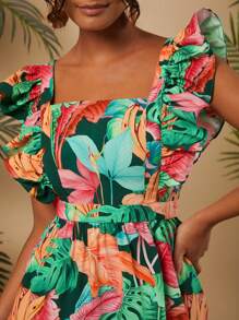 Travachic 度假風編織印花方領蝙蝠袖女式修身洋娃娃連衣裙 - 彩色 - 查看 2