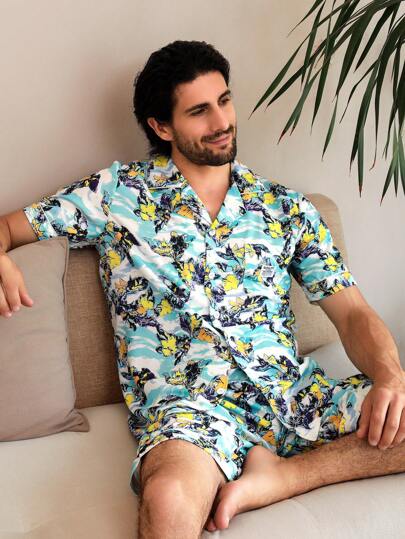 Manfinity ChillVibe 男士全印花短袖短褲家居服套裝