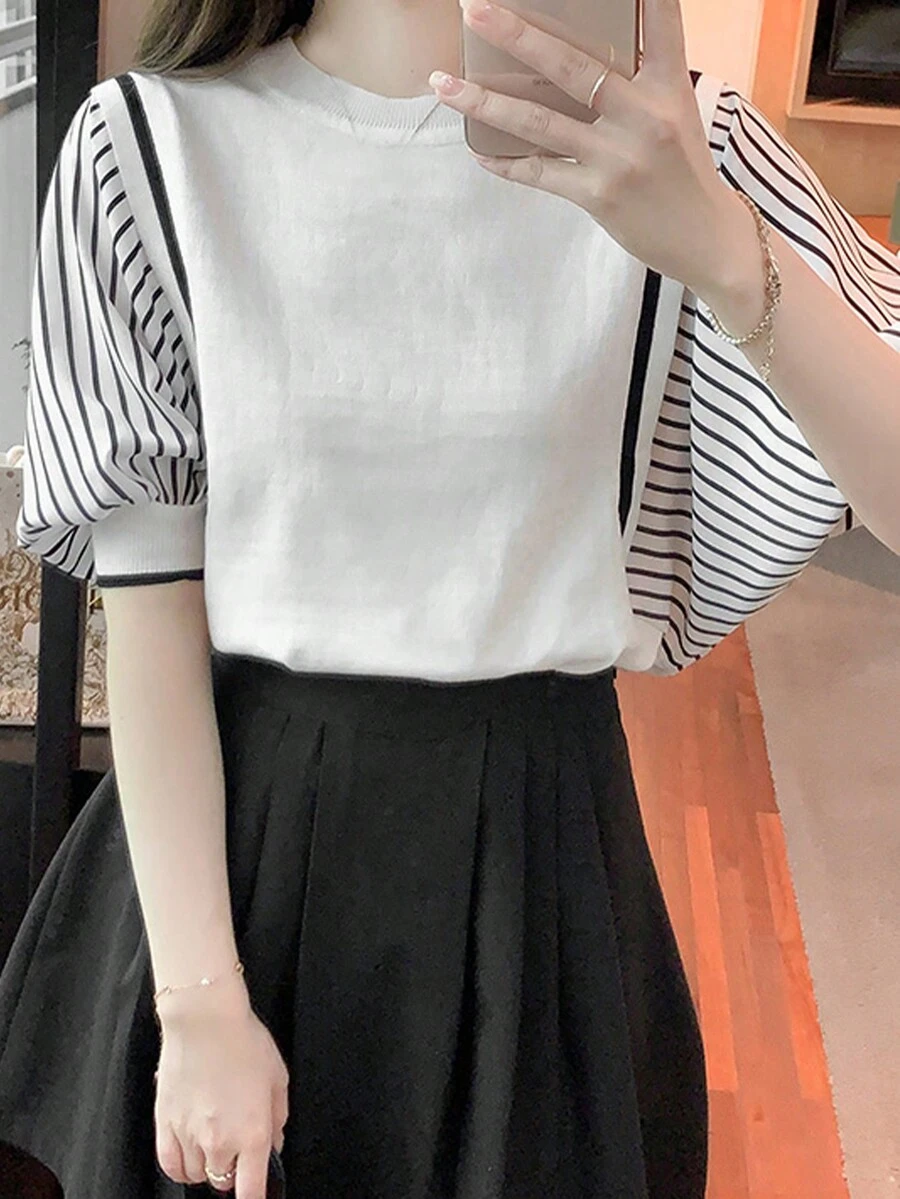 Contrast Color Striped Loose Casual Street Style Short Sleeve Knit Top, Summer White - White - View 1