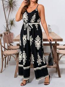 SHEIN LUNE 大碼女裝花卉印花寬腿背帶連身褲，非常適合假期和休閒穿著 - 黑色 - 查看 4