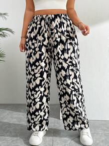 SHEIN EZwear 大码女式简约全身印花休闲腰系带阔腿裤 - 棕色 - 查看 3