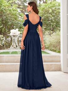 UNITHORSE Women's Solid Color Minimalist Daily Wear Cold Shoulder Chiffon Dress Bridesmaid Dress Wedding Spring - Navy Blue - View 3