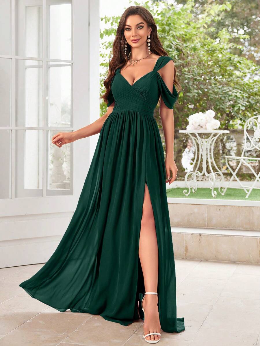 UNITHORSE Đầm voan đơn sắc tối giản dành cho nữ, kiểu dáng trễ vai, thích hợp mặc hàng ngày, dự tiệc cưới, phù dâu, mùa xuân. - Màu xanh lá cây đậm - Xem 1