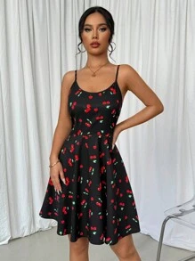 SHEIN Essnce Vestido Informal de Verano con cinta para el hombro y estampado de cereza para mujer - Negro - Ver 1