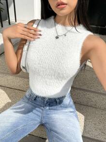 SHEIN EZwear de cuello alto Tank corto Top de punto - Blanco - Ver 1