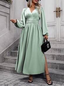 Vionelle Plus Size Women's Solid Color Simple Daily Long Sleeve Dress Maxi Women Outfit Fall Cloth For Women - Mint Green - View 5