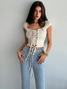 Aloruh Romantic & Elegant Square Neck Drawstring Tight-Fit Apricot Women's T-Shirt - Apricot - View 3