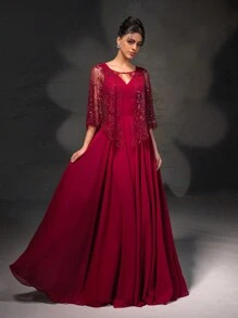 New High-End Red V-Neck Lace Shawl Evening Dress Set - Red - View 1