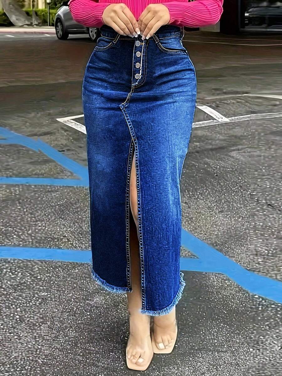 Falda vaquera con botones y abertura en el muslo - Azul lavado oscuro - Ver 1