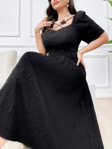 Mulvari Plus Size Women's Elegant Long Black Sweetheart Neckline Puff Sleeve Dress,Summer,Formal,Evening,Wedding Guest,Perfect For Beach/Casual/Vacation - Black - View 7